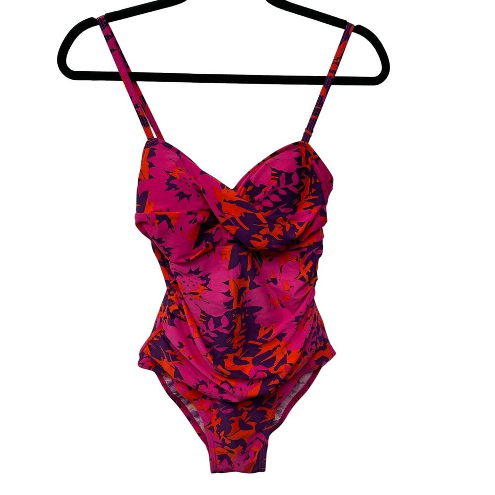 Shore Shapes Floral One Piece Swimsuit Shirred Twist Front Pink Womens Size US 8